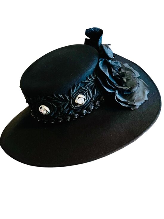 Wool Felt Wide Brim Hat Lace Band & Crystals Floral Accent